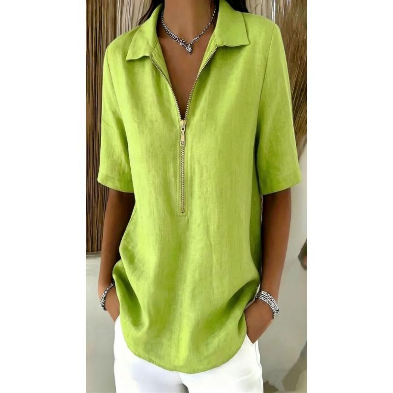 Women Casual Solid Color Lapel Zip Half Sleeve Fashion Blouse