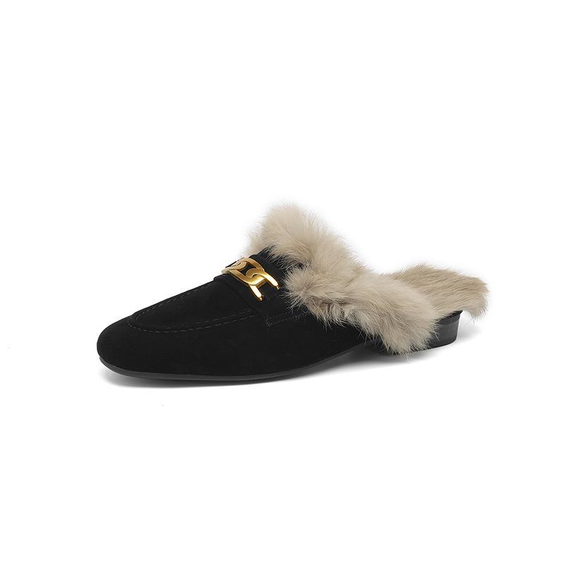 Women's Thick-Soled Fluffy Slippers - Matte Cotton Mules - Autumn/Winter Pointed Closed Toe Velvet Shoes