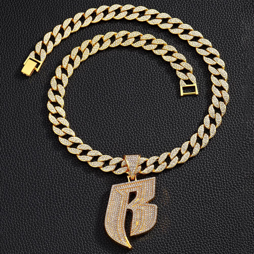 Men's Hip-Hop Punk Style Diamond Letter B Pendant with 15mm Cuban Chain Necklace