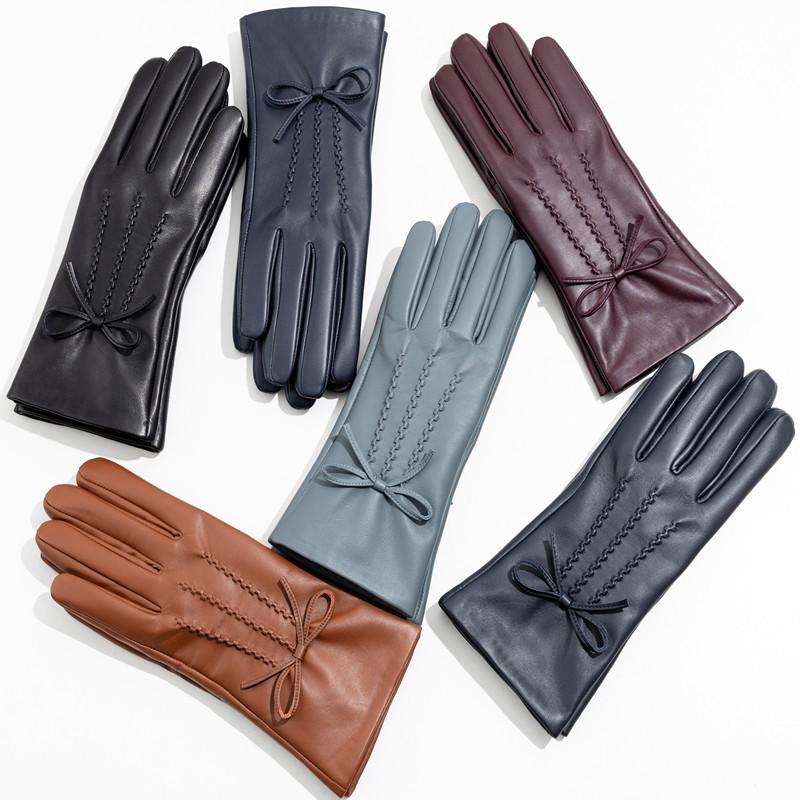 Women's Colorful Genuine Leather Gloves Bow Sheepskin Gloves  Women's Warm Cycling Clothing Gloves for Autumn and Winter