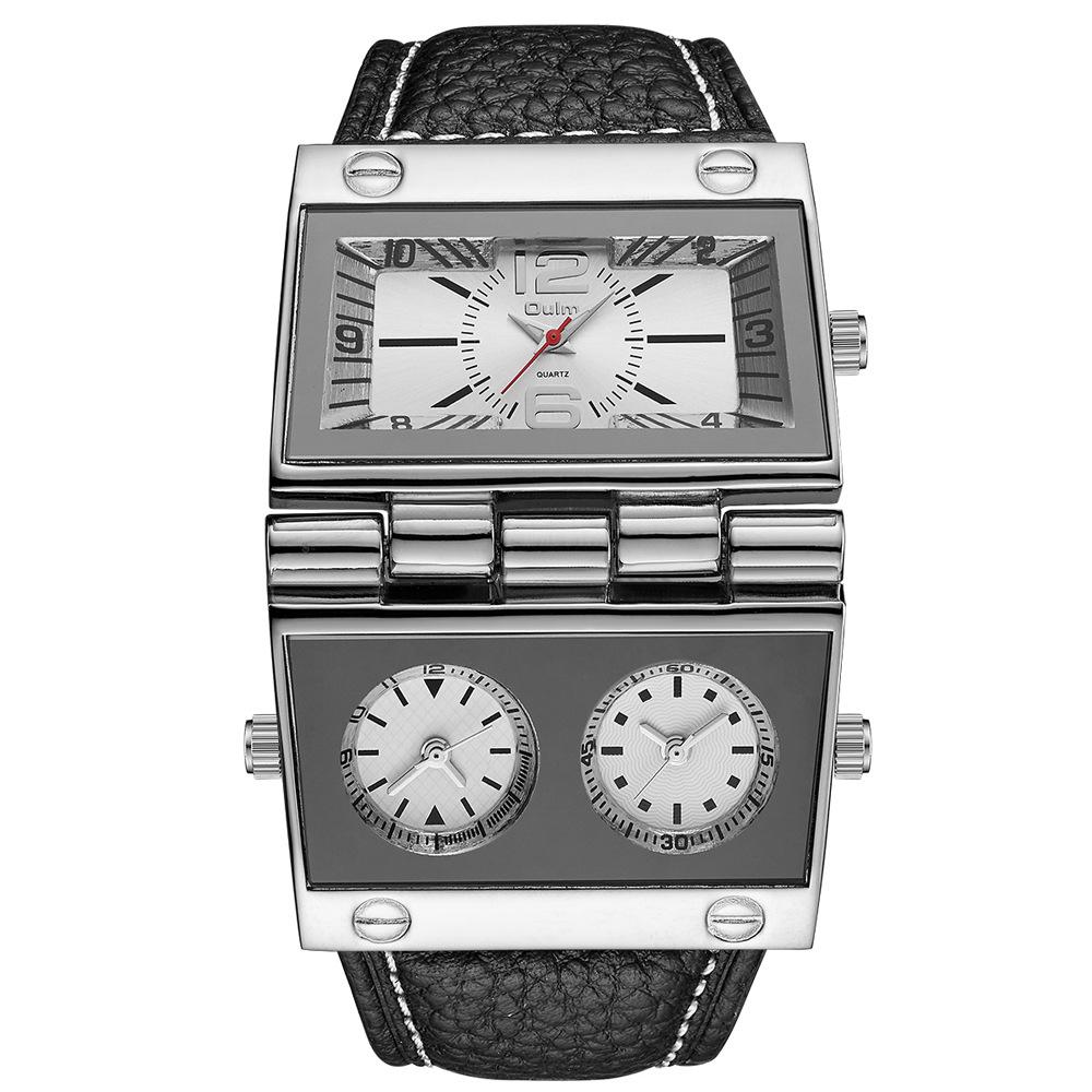 Oulm Men's Quartz Watch with Large Rectangular Dial & Multi-Time Zone Display
