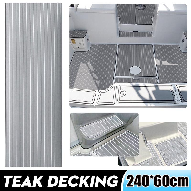 Revêtement de sol en mousse EVA autocollante imitation teck, 2 400 x 600 x 6 mm, pour pont de bateau, gris et noir, à rayures
