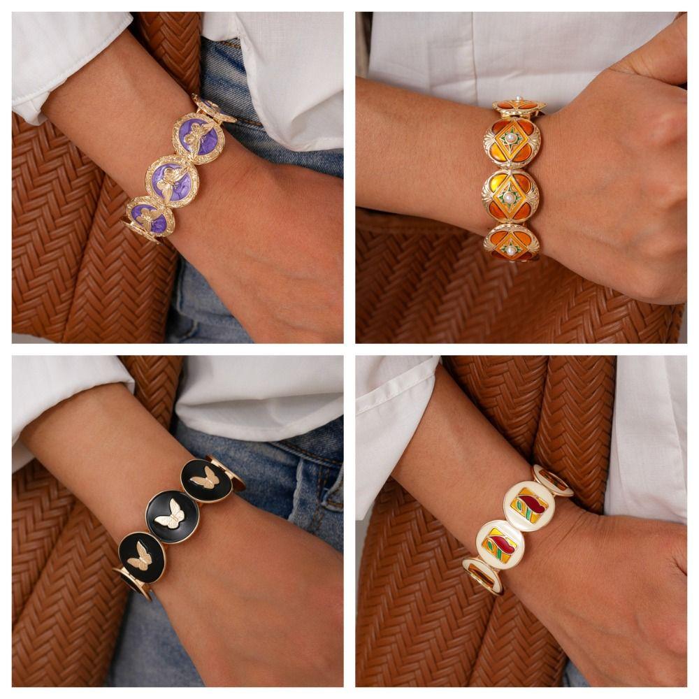 Imitation Pearl Wide Metal Bangles Luxury Jewelry Geometry Hand Ring Retro Drip Oil Bracelet  Lady