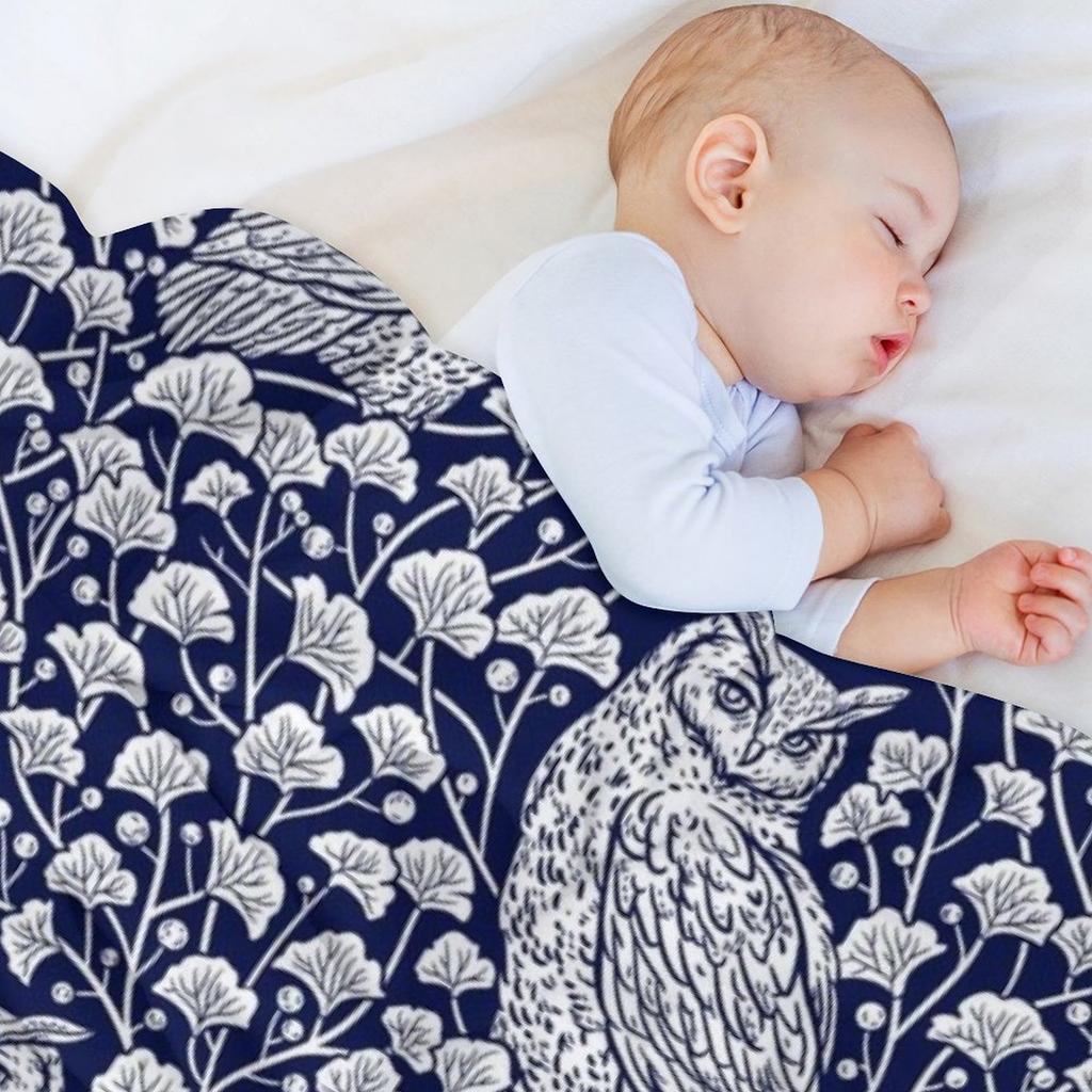 Winter Blue II - Owls and Gingko Leaves Throw Blanket Soft Plaid Shaggy Sofas Halloween Blankets