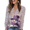 Women's Fashion V-Neck Button-Up T-Shirt With Christmas Print Long-Sleeved Top