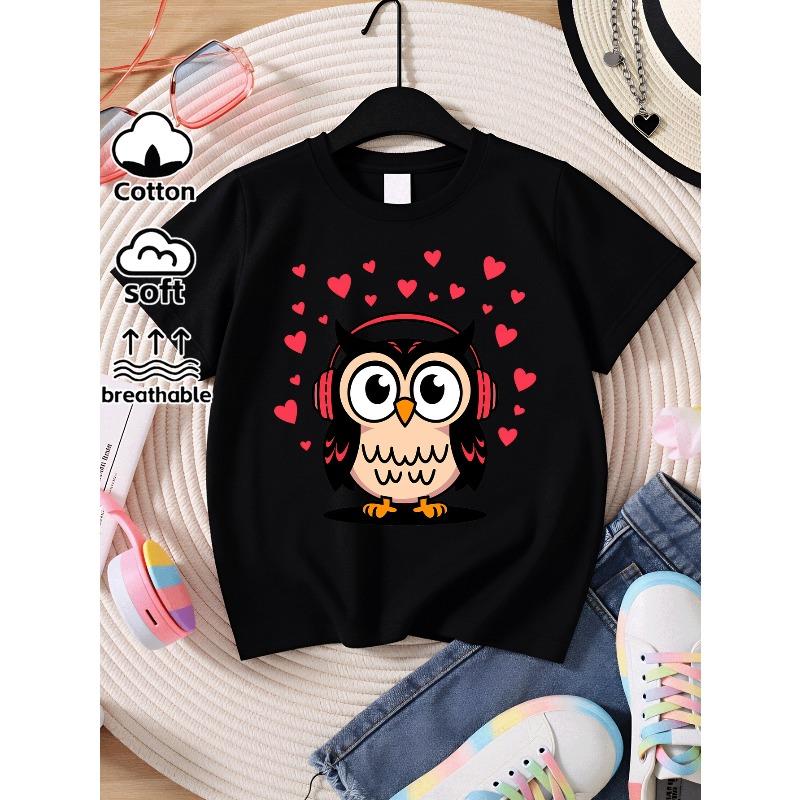 European sizes Cute Owl with Headphones And Hearts Teen Girls Casual Tee - Trendy Soft Breathable T-Shirt for Casual Attire
