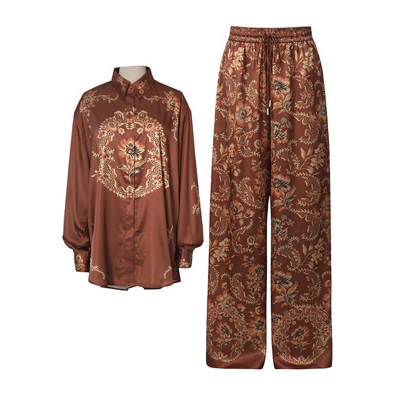 

Retro Floral Print Loose Casual Two-piece Women s Shirt Wide-leg Pants Set M