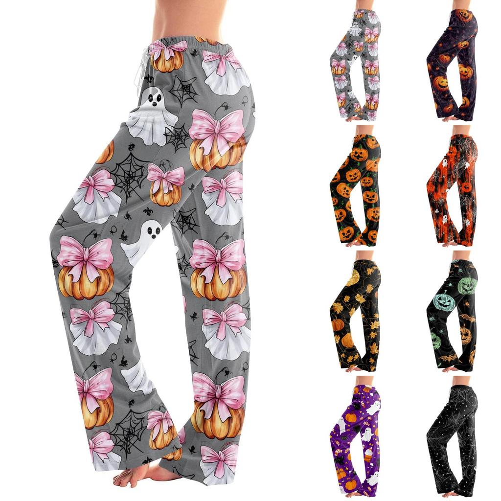 Women's Halloween Print Drawstring Pants, Casual Long Pants for Sleepwear or Daily