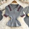 Summer Women College Style Knitted Sweater Two Piece Set Girl Polo Collar Pullover Top and Mini Pleated Skirt Suit