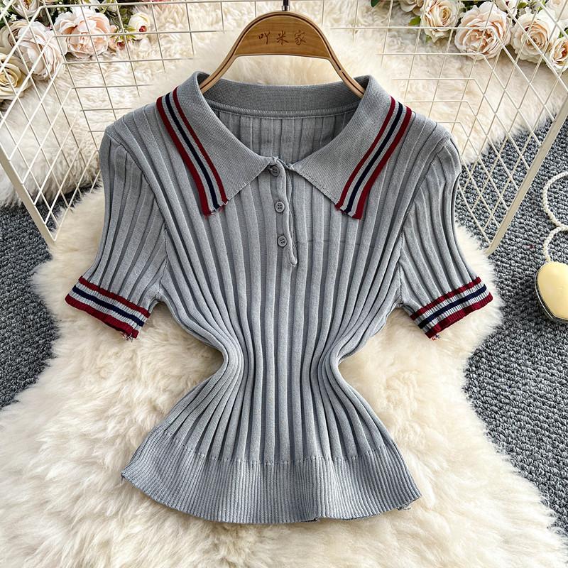 Summer Women College Style Knitted Sweater Two Piece Set Girl Polo Collar Pullover Top and Mini Pleated Skirt Suit