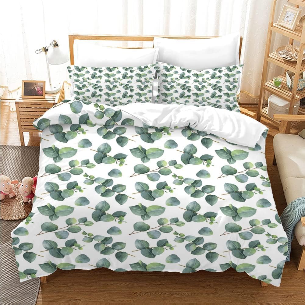 Sage Green Botanical Comforter Cover Eucalyptus Leaves Duvet Cover Spring Watercolor Plants Bedding Set Rustic Farmhouse Bed Set