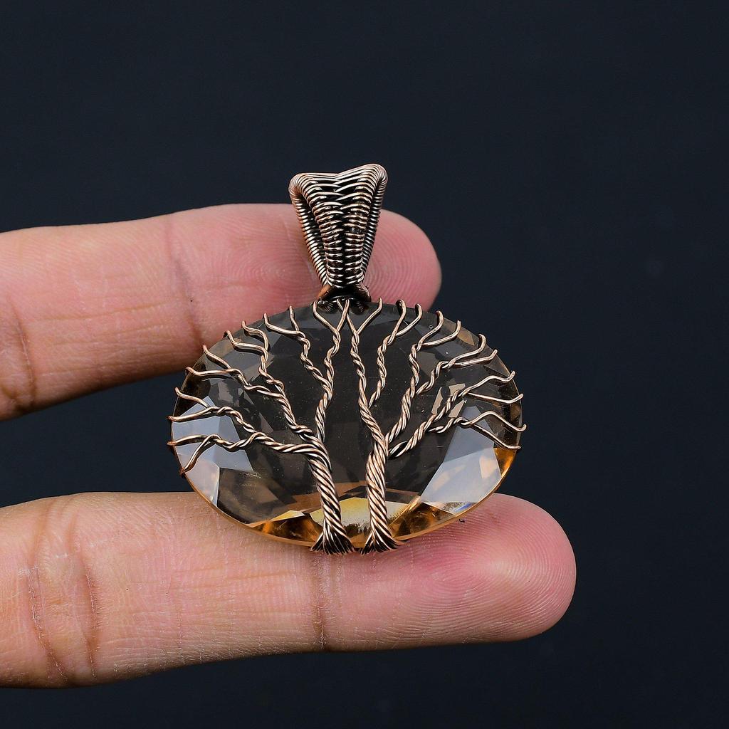 DoubleTree of Life Morganite Gemstone Copper Wire Wrap Pendant Jewelry Gift