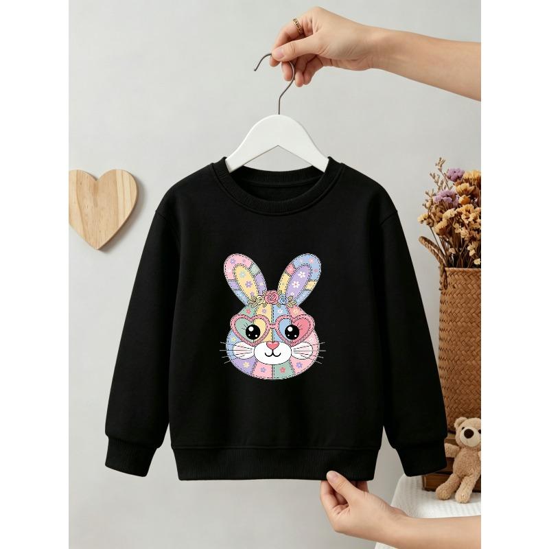 Kids Girls Crewneck Sweatshirt, Pastel Patchwork Bunny With Heart Sunglasses Floral Print Black Soft Fleece Pullover 110