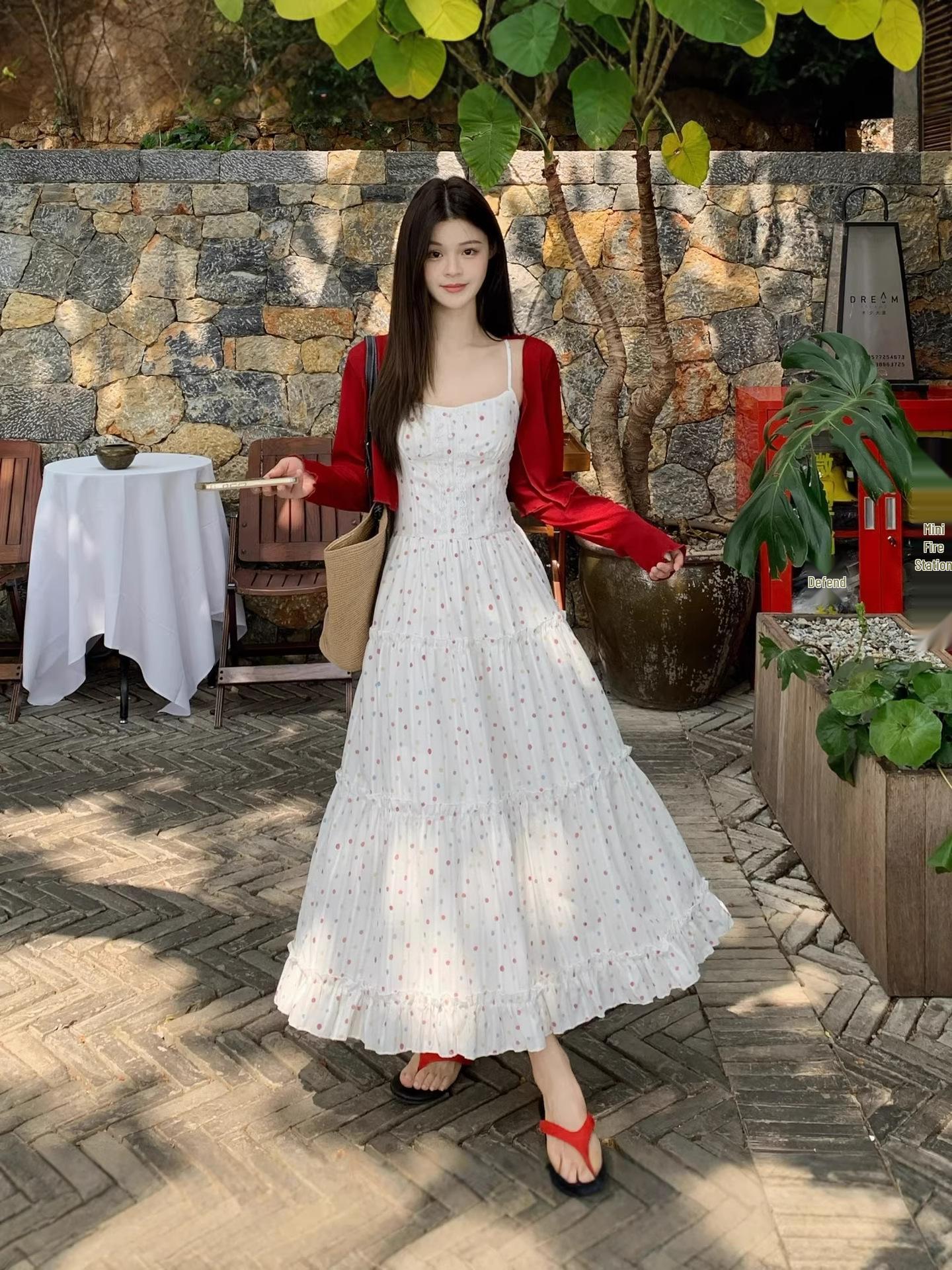 

Plus Size Colorful Polka Dot Sling Dress with Long Sleeve Cardigan Set XXXXL