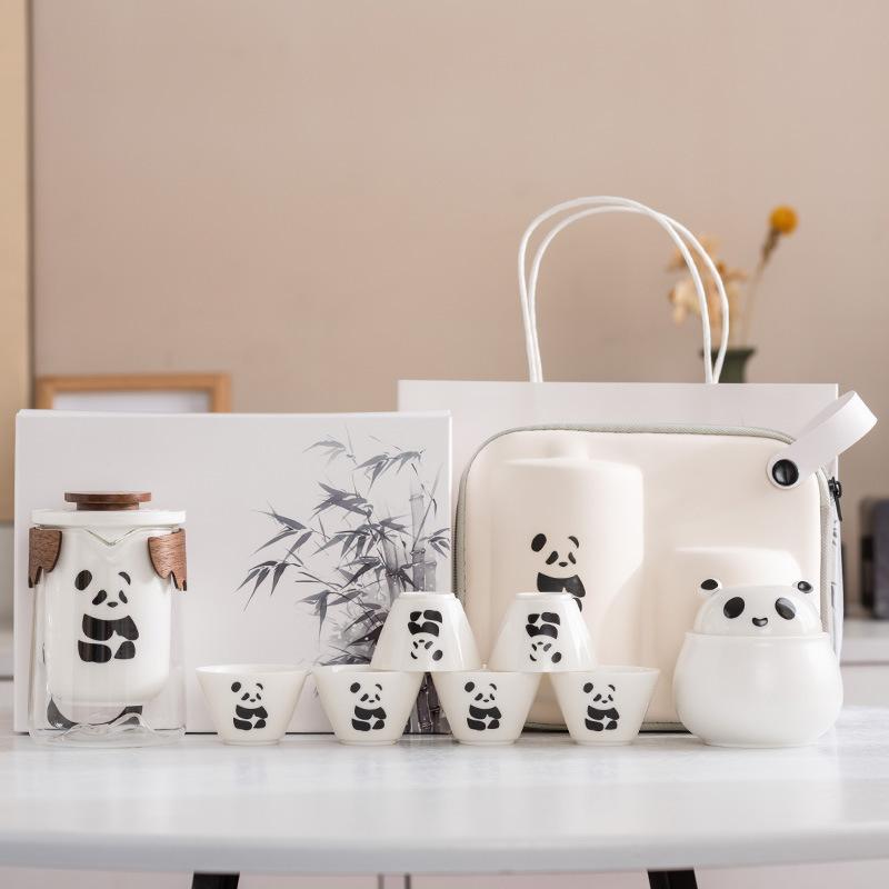 Panda Merchandise Travel Tea Set a Pot of Three Four Six Cups Suet Jade Porcelain High-end Corporate Business Gift Set