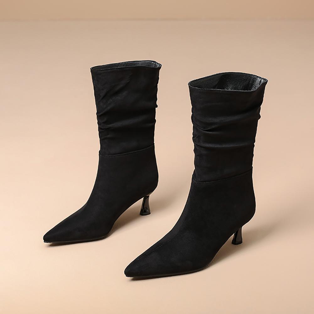 Black Wine Red Women Mid Calf Boots Pointed Toe Mid Heel Small Big Size 32 48
