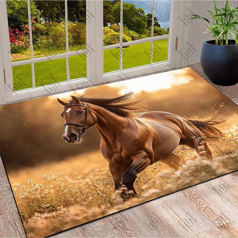 Laufendes Braunes Pferd Wildblumenfeld Sonnenuntergang Druck Bereichsteppich Wildtier Tier Rutschfest Rechteckige Bodenmatte Pferdeliebhaber Spielzimmer Schlafzimmer Dekor Teppich