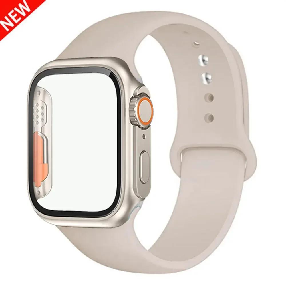 Silicone Strap+Case For Apple Watch Band 44mm 45mm 41mm 40mm Tempered Glass Cover Change to Ultra iWatch Series 9 8 7 SE 6 5 3