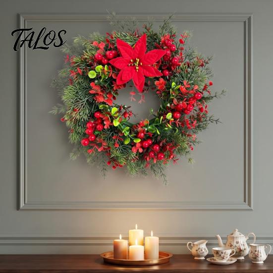 Natural Look Artificial Greenery Wreath Christmas with Red Berries Eucalyptus Pinecones, Front Door Winter for Hanging Garland Window Wall Fireplace,