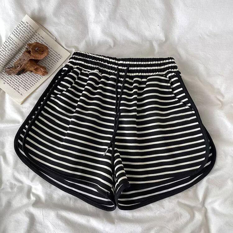 Striped High-waisted Sweatpants for Women Shorts Loose Wide-legs In Summer Casual Slim and Elastic Waist Contrast