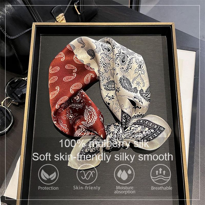 Luxury 100% Mulberry Silk Scarf Women Paisley Print Bandana Shawl Lady Neckerchief Handkerchief Female Decorative Wrap 53cm