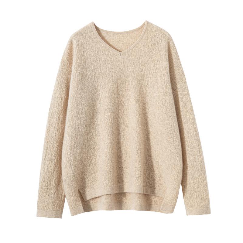 Korean Style Women's V-Neck Cashmere Pullover Sweater, 2023 New Loose Fit, Slimming & Flaw-Hiding Solid Color Knitwear