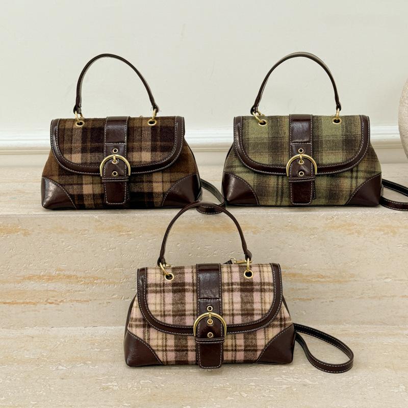 Autumn Winter Women's Woolen Plaid One Shoulder Bags Texture PU Splicing Square Handbags Korean Fashi Crossbody Bags