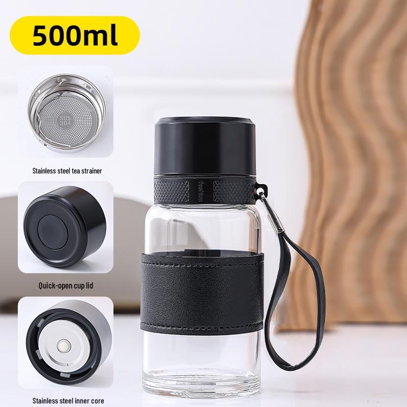 Portable Glass Water Bottle with Lanyard - Quick Open, Tea Separator, High-Capacity Borosilicate Glass