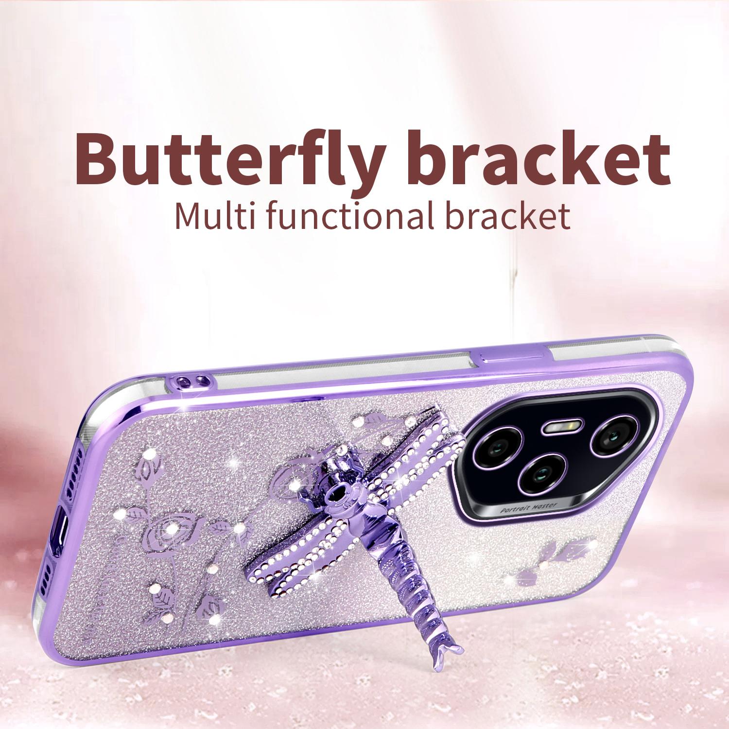 

KADEM For Honor 300 Pro Case Dragonfly Kickstand TPU Flowers Glitter Phone Cover Blue