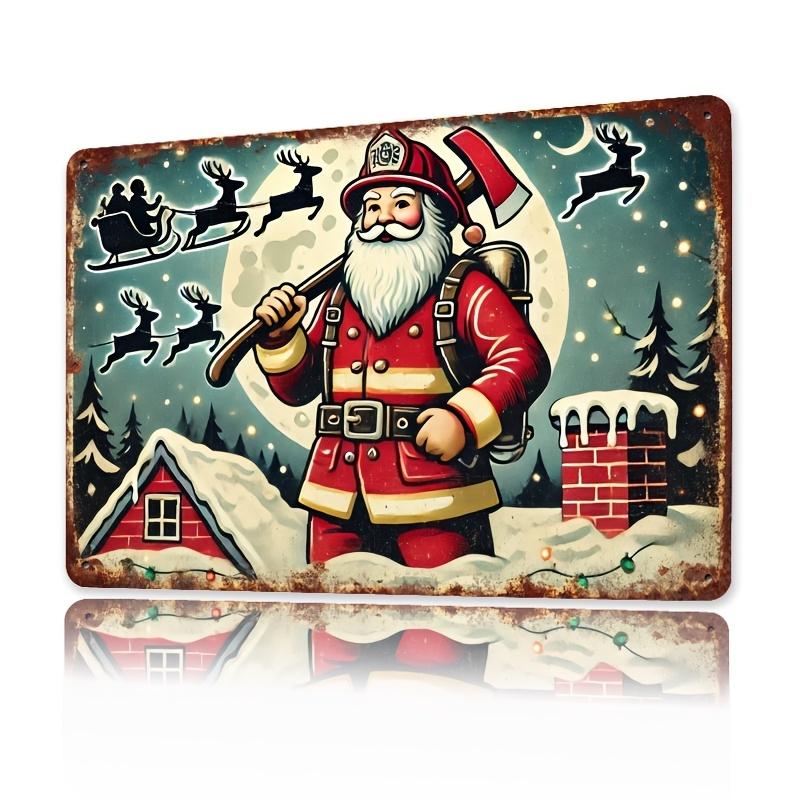Santa Firefighter Metal Sign  Vintage Sign  Iron Christmas Retro Wall Art Multipurpose Decorative 20x30cm（7.8x11.8inch）