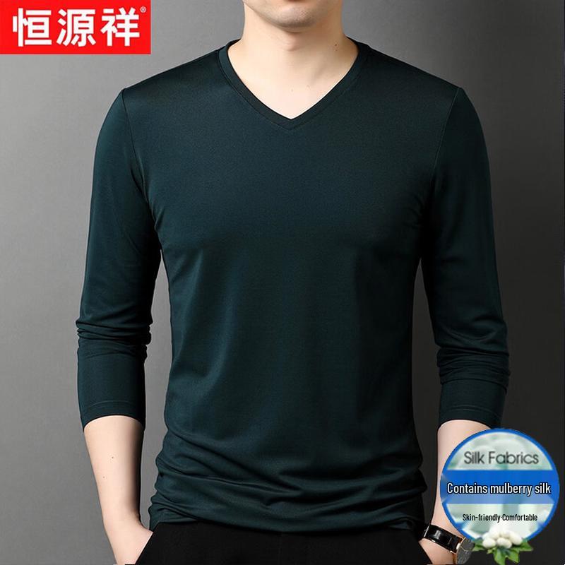 Hangyuanxiang Men's Cotton Silk Blend V-Neck Long Sleeve T-Shirt