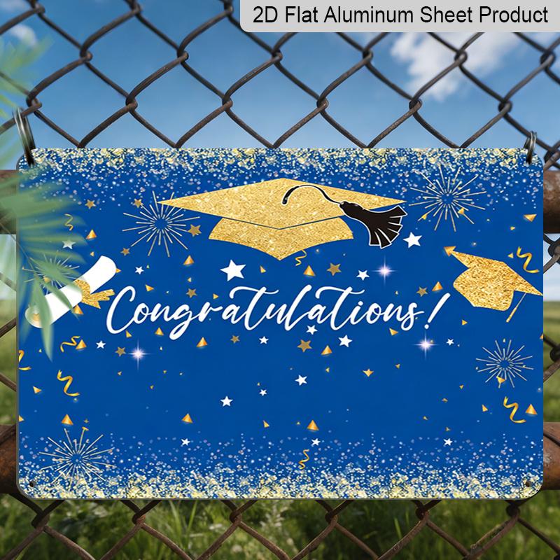 2D Flat, 1pc "Congratulations" Graduation Aluminium Sign 8x12 Inch - Royal Blue & Gold Glitter Grad Cap Design, Sparkling Star & Scroll Decor