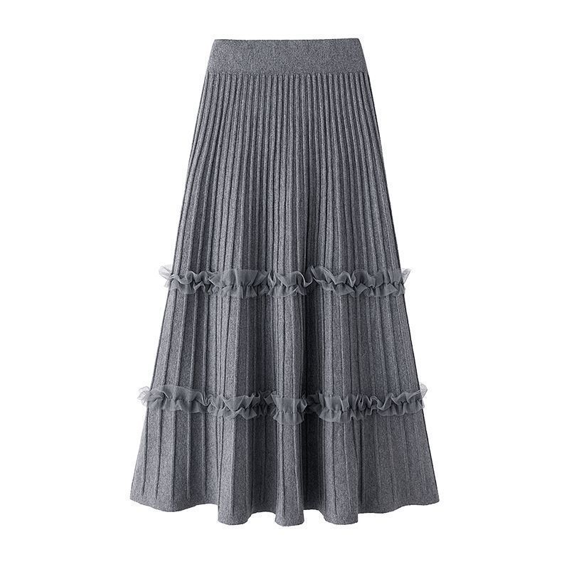 Pleated Skirt for Women Autumn and Winter High Waisted Mid Length Knitted Skirt A-line Skirt