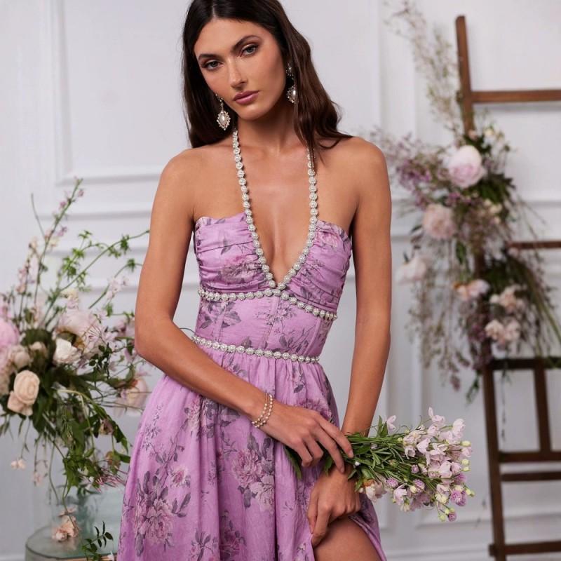 Elegant Floral Print Chiffon Maxi Dress With V-Neck Strapless Design Vacation Flowy Skirt Women XS фиолетовый