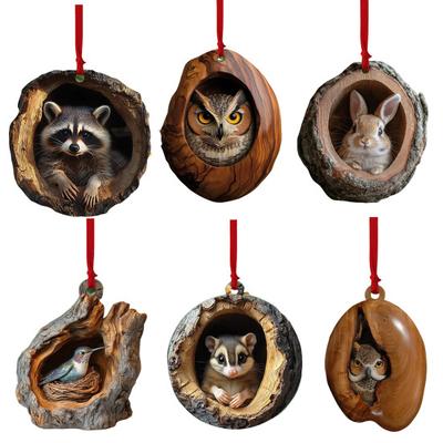6Pcs Animal Christmas Ornament Forest Animal Hanging Decoration Cute Animal 2D Flat Acrylic Ornaments for Xmas Tree Festive Party Decor