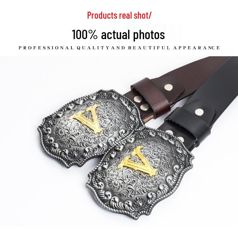 Western Cowboy Zinc Alloy Buckle Cowhide Patterned Elastic Belt for Men - Retro Knight Style