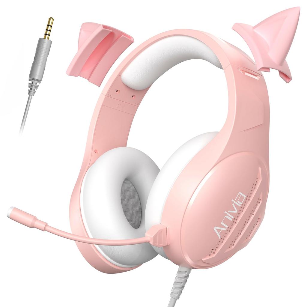 Rosa Katzenohren-Gaming-Headset mit Kabel und Mikrofon für verbesserte Geräusche, kompatibel mit Xbox und PS4 Kopfhörern, PS5, Bass, 3,5-mm-Anschluss, Reduzierung,
