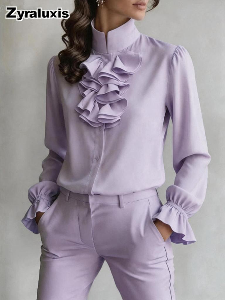 New Style Chic Casual Loose Collar Solid Color Ruffled Shirt for Women