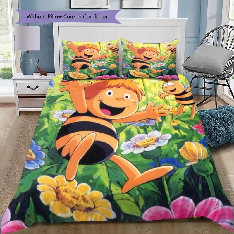 Cute Cartoon Bee and Garden Floral Print 3-Piece Duvet Cover Set – Soft Kids' Bedding for Bedroom Decor