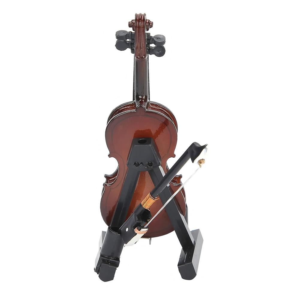 Miniature Wood Violin -Stand & Bow Wood Violin Replica Collectible Figurines Dollhouse Accessories Model Home Display Ornament