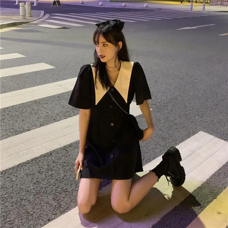 Plus Size Women's Black Doll Collar Waist-Cinched Hepburn Style Summer Dress