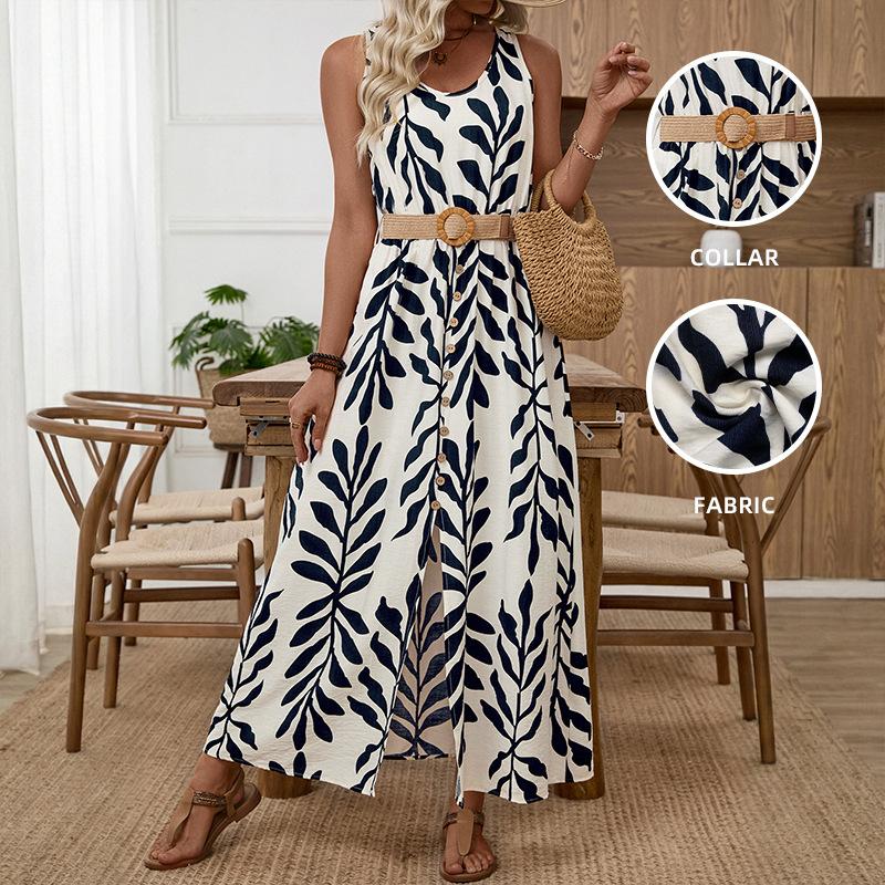 

Women s Sleeveless Leaf Print Maxi Dress with Woven Belt High Waist Split Summer Beach Vacation Dress S тёмно-синий