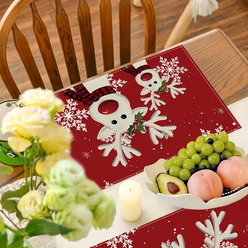 4-Piece Set, White Reindeer Snowflake Christmas Placemats and Red Christmas Tree Patterned Table Mats for Indoor Use