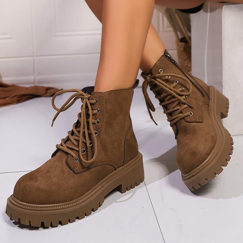 Dark Borwn Platform Ankle Boots for Women Side Zipper Thick Bottom Motorcycle Shoes Woman Punk Style Lace Up Fashion Boots Mujer