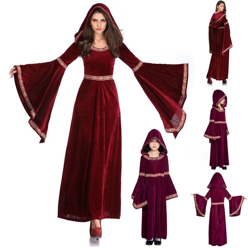 Medieval Vampire Witch Hooded Wine Red Dress Cosplay Halloween Carnival Costume