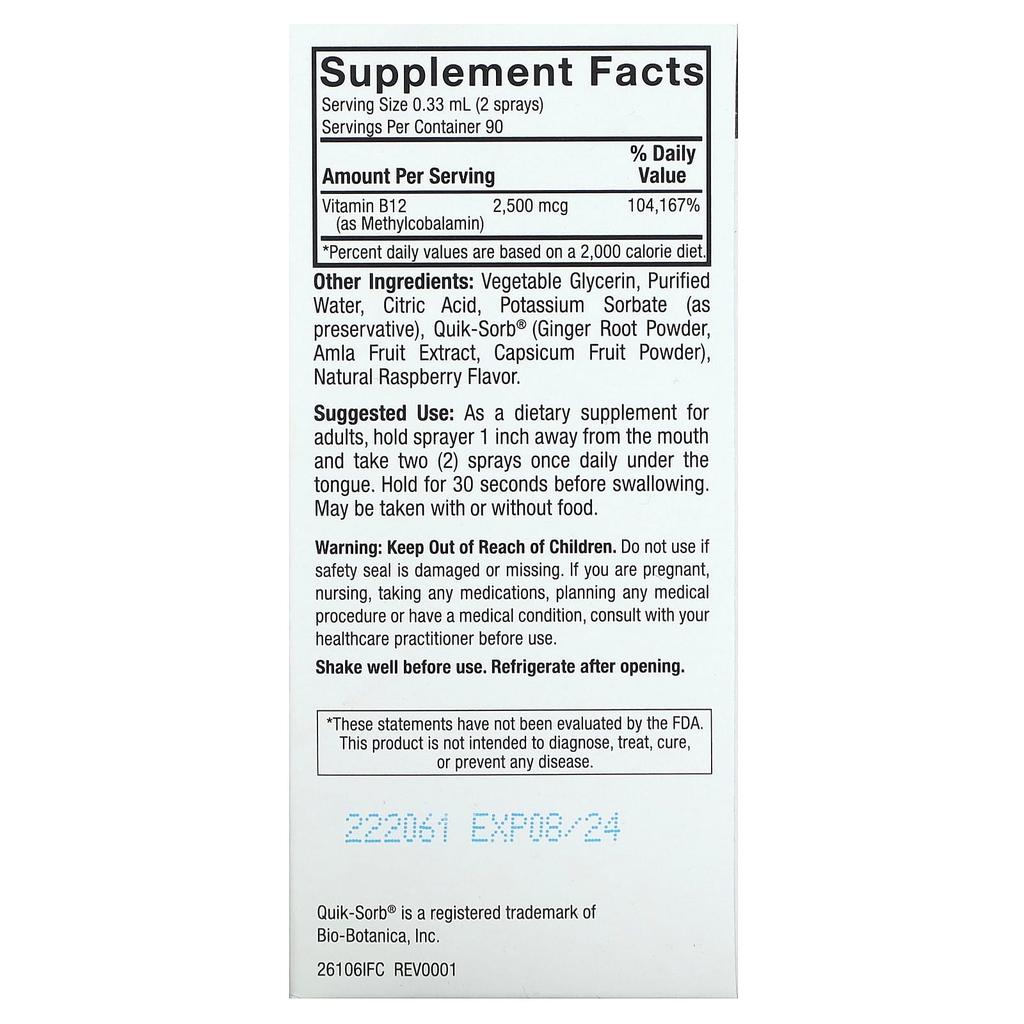 Nature'S Answer, Methyl B12 2500 Liquid Spray, Raspberry, 2,500Mcg, 30Ml(1Fl Oz)