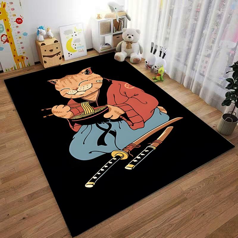 Samurai Cat Eating Ramen Carpet with Swords on Black Background Suitable for use as an anti-slip for living room bedroom sofas