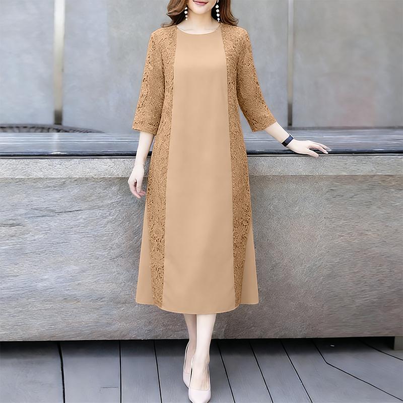ZANZEA Women Casual Round Neck 3/4 Sleeve Casual Lace Patchwork Dress