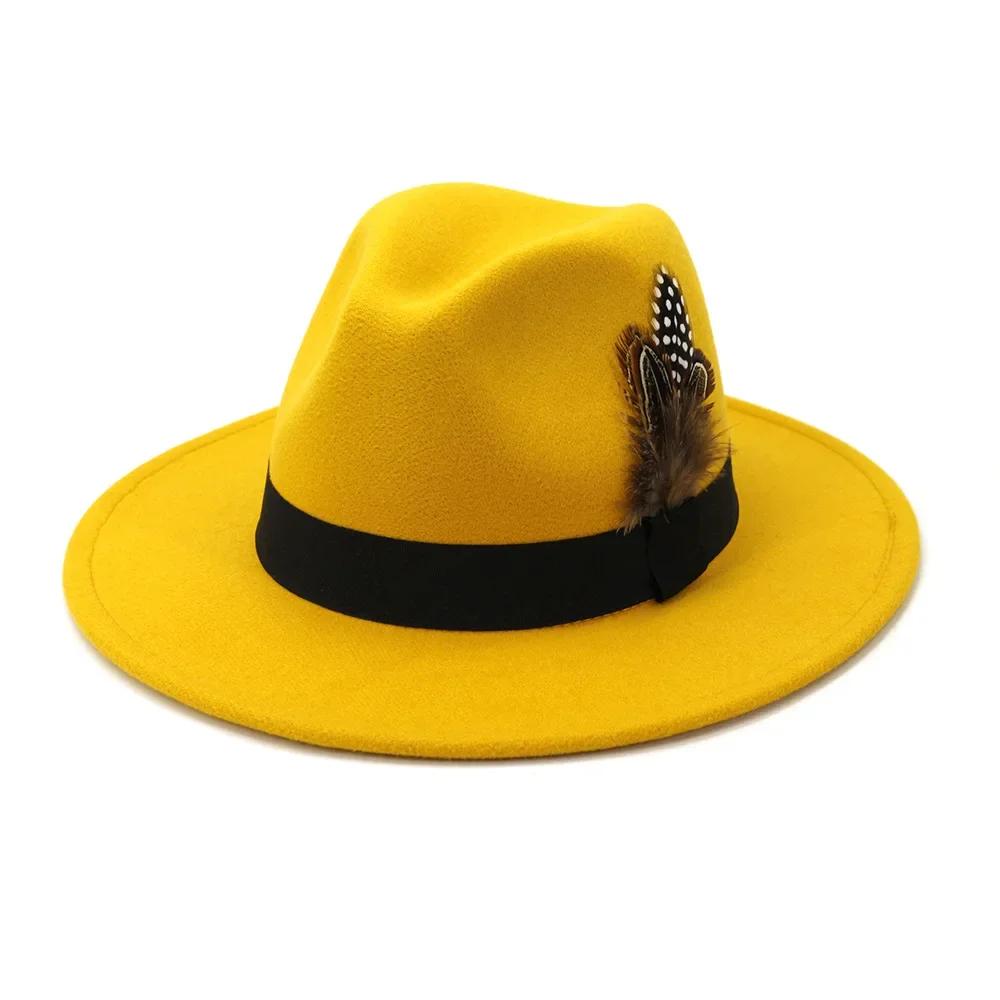 Freedom Outdoors Women's Yellow Feather Fedoras Men Fedora Hat Men Panama Top Cap Unisex Military Color Fedoras Large Brim Hat Church Hat Party 58Cm