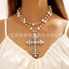 Exaggerated Personality Punk Style Imitation Pearl Necklace Cross Sweet and Cool Long Pendant Necklace Women
